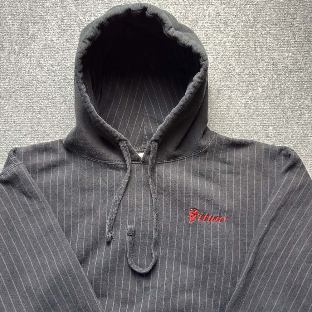 Vintage Y2K Thor Motocross Pinstriped Pullover Hoodie Black Size XL